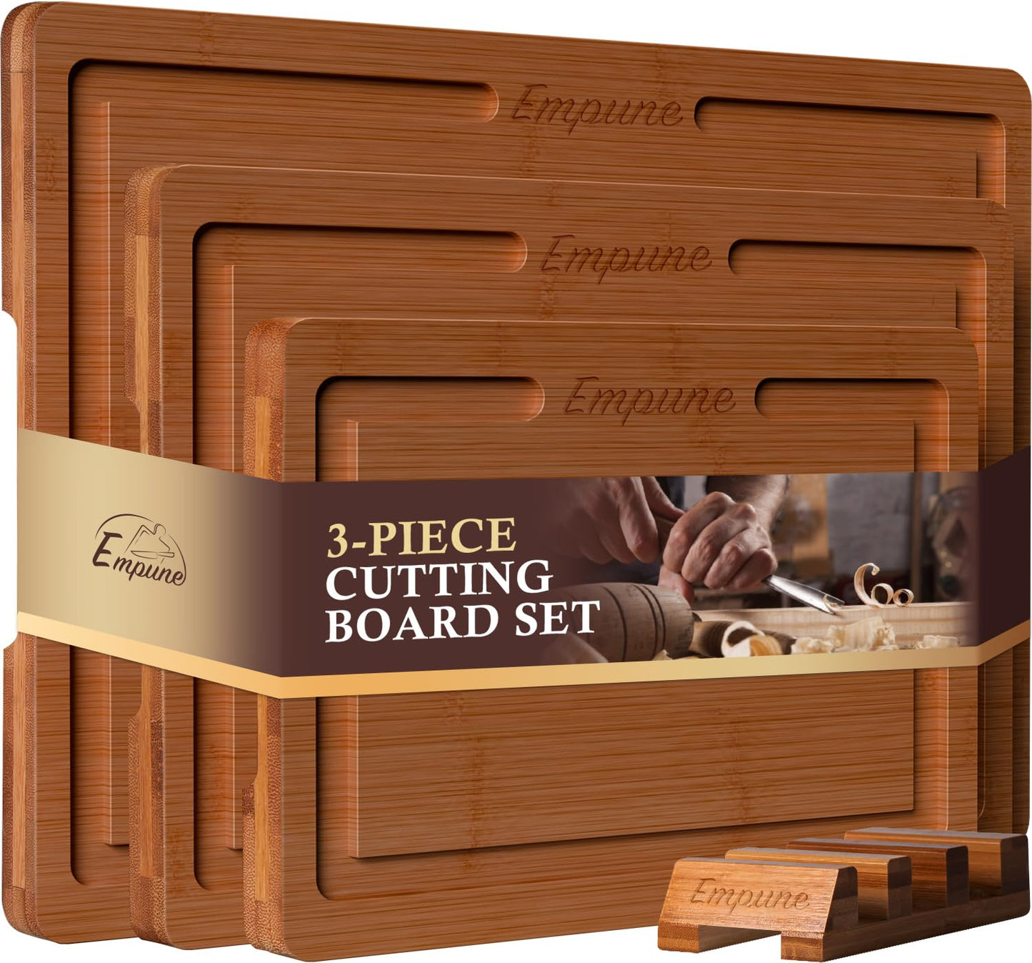 Empune Bamboo Cutting Board Set, Wood Cutting Boards for Kitchen with Holder Wooden Chopping Board for Meal Prep & Serving