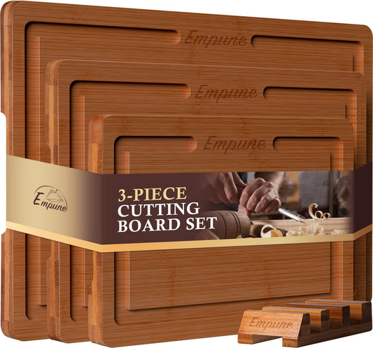 Empune Bamboo Cutting Board Set, Wood Cutting Boards for Kitchen with Holder Wooden Chopping Board for Meal Prep & Serving