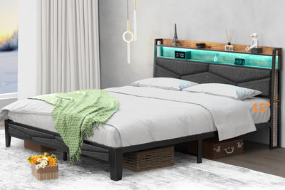 Winkalon Queen Bed Frame, Storage Headboard with Charging Station,Platform Bed Frame with RGB Lights, Solid and Stable, Noise Free, No Box Spring Needed, Easy Assembly,Gray