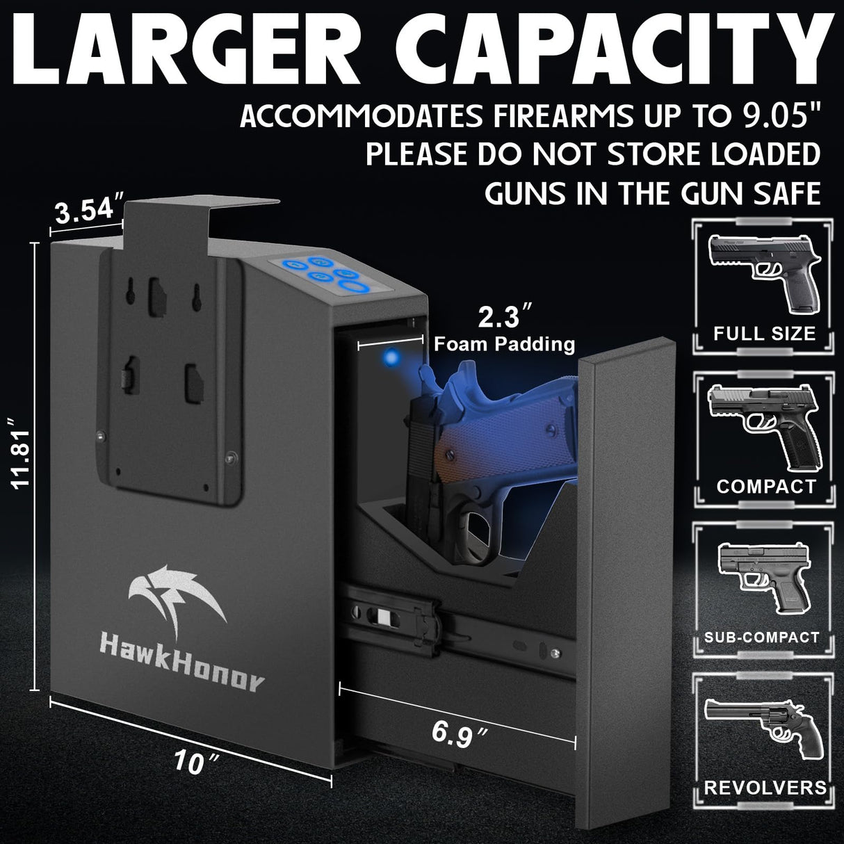 HAWKHONOR Biometric Gun Safe For Handgun, Nightstand Gun Safe, Gun Lock Box For Desk, Car, Truck, Slider Fingerprint Gun Safe Bedside, Quick Release Gun Safe With Fingerprint, PIN Code, Key Access HAWKHONOR