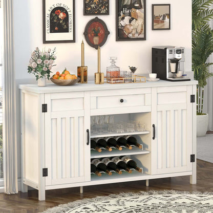 FATORRI Industrial Buffet Cabinet with Storage, Wood Buffet and Sideboard with Wine Rack, Rustic Credenza Coffee Bar Cabinet for Kitchen Dining Room (55.12 Inch, White Oak) - WoodArtSupply