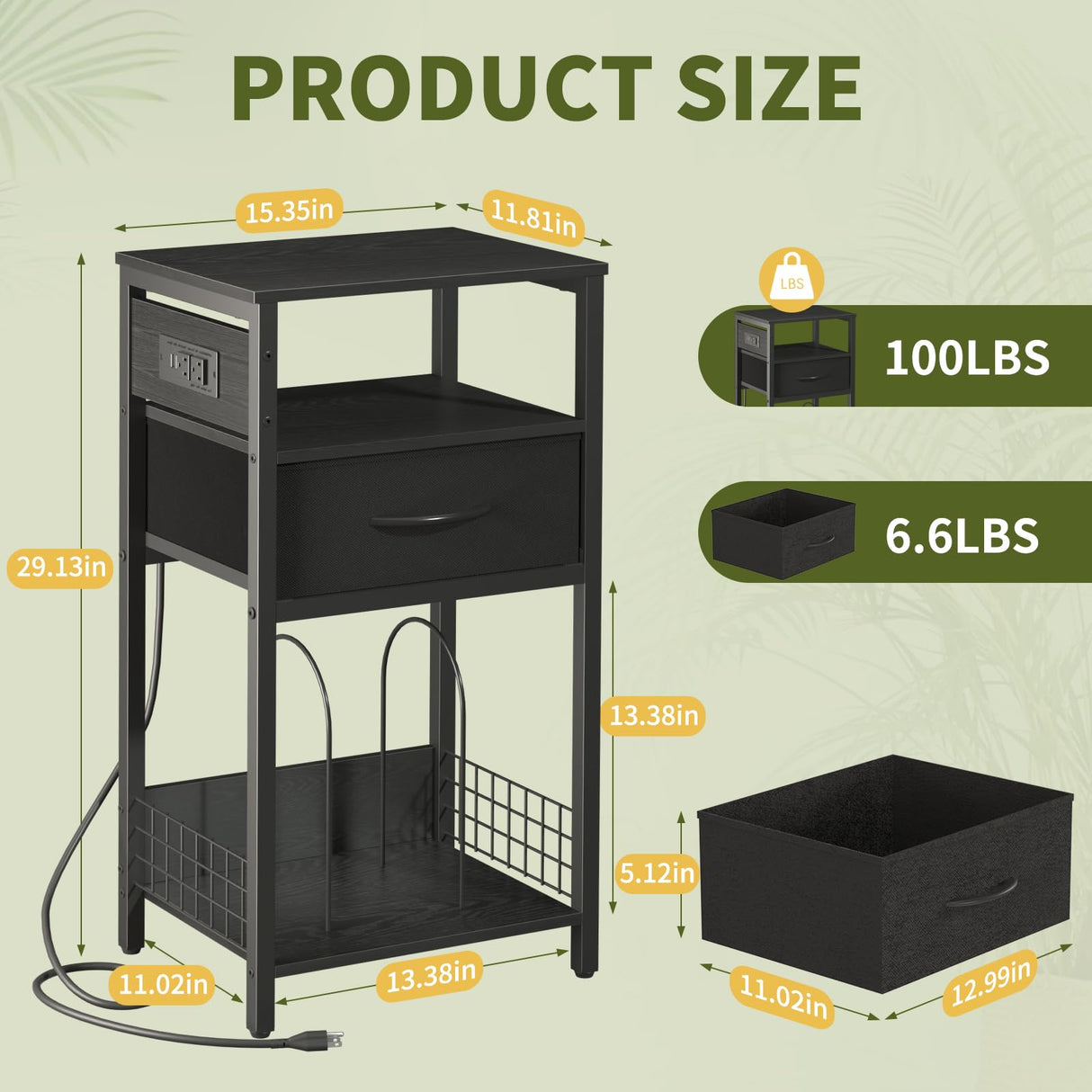 Yoobure Side Table - Night Stand with Charger Station & LED Light, 3 Tier Small End Table Living Room, Bedside Table with Drawer, Record Player Stand with Vinyl Storage, Black Nightstand for Bedroom Yoobure