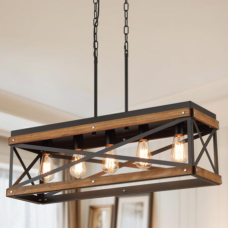 Rustic Farmhouse Wood Kitchen Island Lighting, 5 Lights Rectangular Pendant Light Fixture, Adjustable Chain Oak Wood and Metal Linear Chandelier for Dining Room Kitchen Island Farmhouse, Black RKUCSR