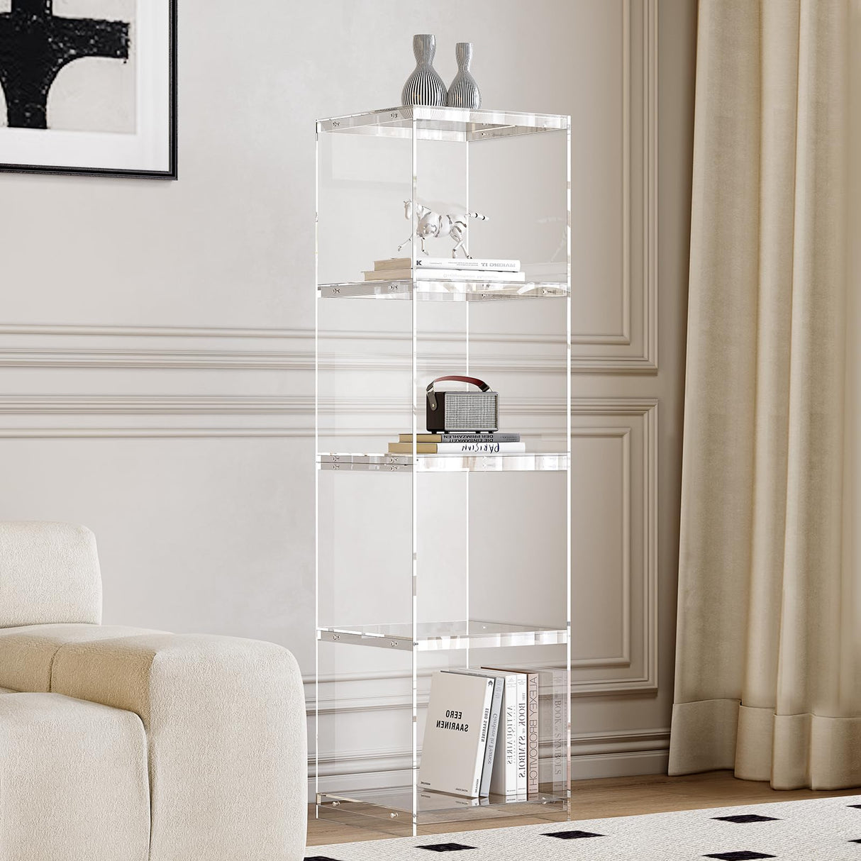 Acrylic Display Cabinet, 4-Tier Display Case in Bedroom, Living Room, Playroom, Modern Style (16" D x 16" W x 62" H) bitaycan