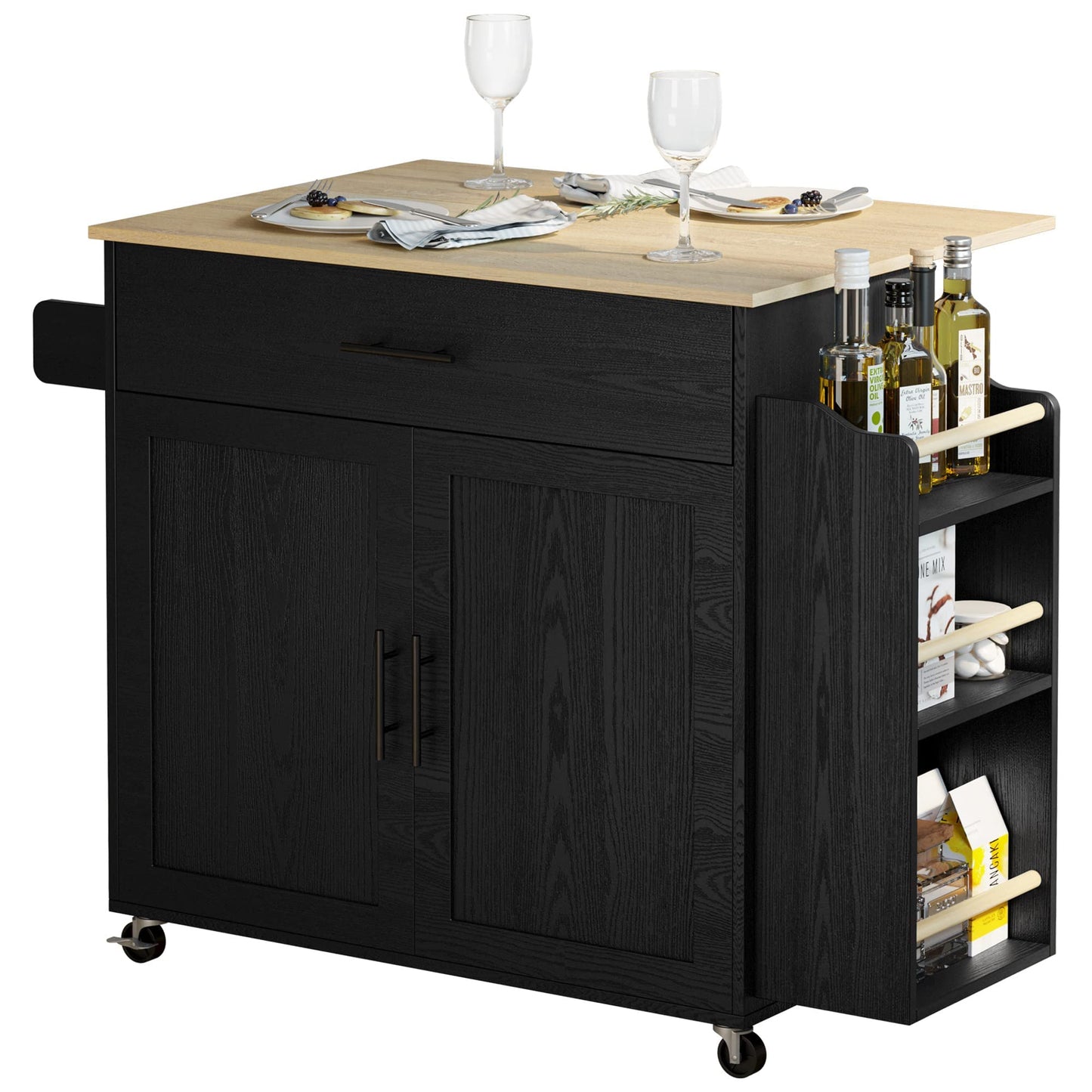 Rolling Kitchen Island with Drop Leaf, Storage Cabinet, and Charging Station - Black by IRONCK - WoodArtSupply