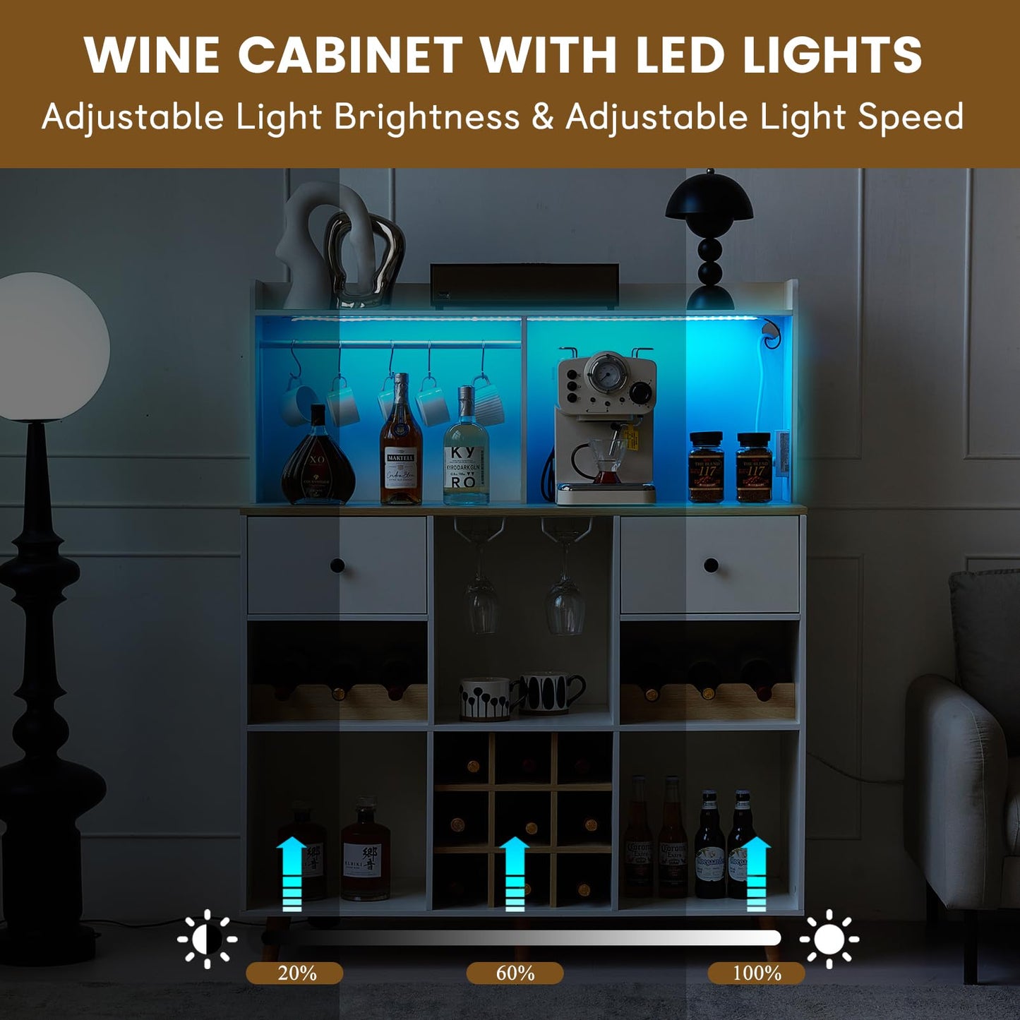 JanflyHome Wine Bar Cabinet with Power Outlet & LED Light, Bar Storage Cabinet with Drawers and Removable Shelves, Wine Cabinet Sideboard for Liquor and Glasses, Coffee Bar Cupboard,Woot - WoodArtSupply