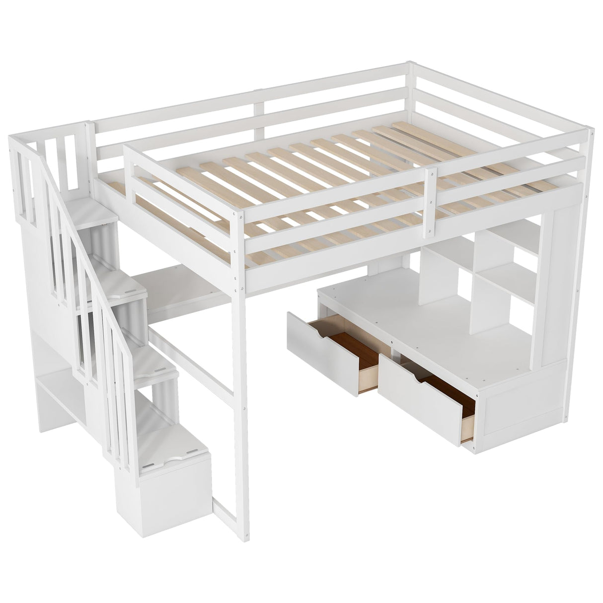 Full Size Loft Bed with Stairs and Desk, Wood Loft Beds Frame with Storage Drawers and Bookcase Shelves for Adults Teens Kids, White Bellemave