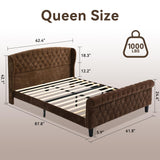 BedsPick Sleigh Queen Bed Frame with Wingback Headboard, Chenille Upholstered Bed Frame Queen Size with Button Tufted Scroll Footboard, Wood Slats Support/No Noise/Easy Assembly/No Box Spring Needed BedsPick