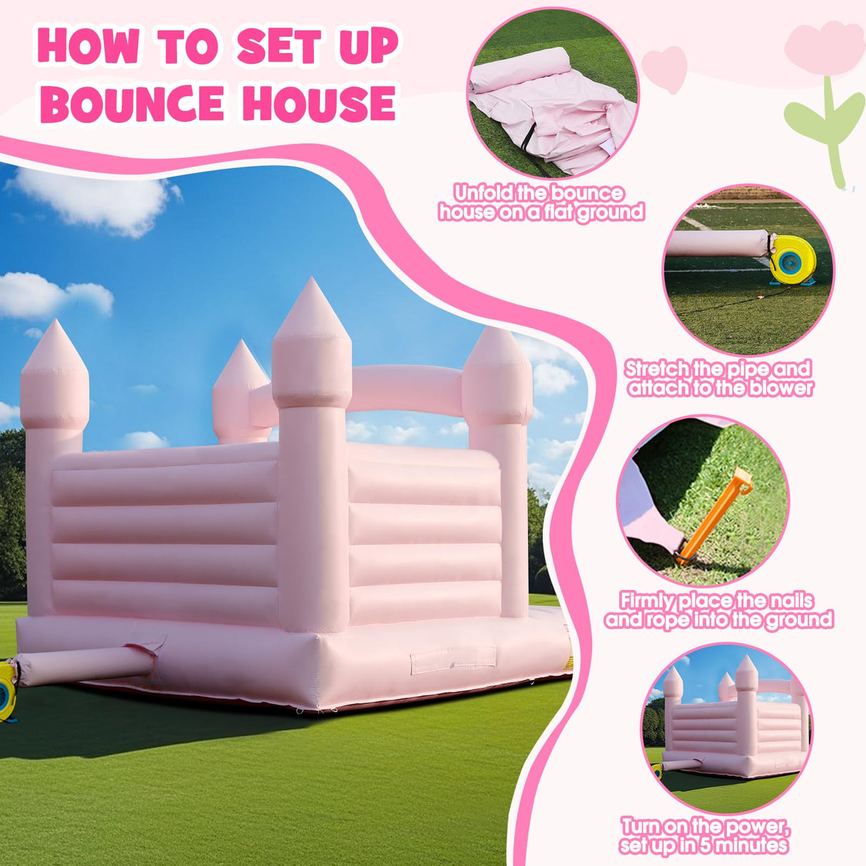 13.8FT White Bounce House Jump Castle for Kids, 100% PVC Indoor Outdoor Inflatable Bounce House, Heavy Duty 750W Air Blower Commercial Bounce House with 2 Balls, Self-Decorated for Party Gaonala