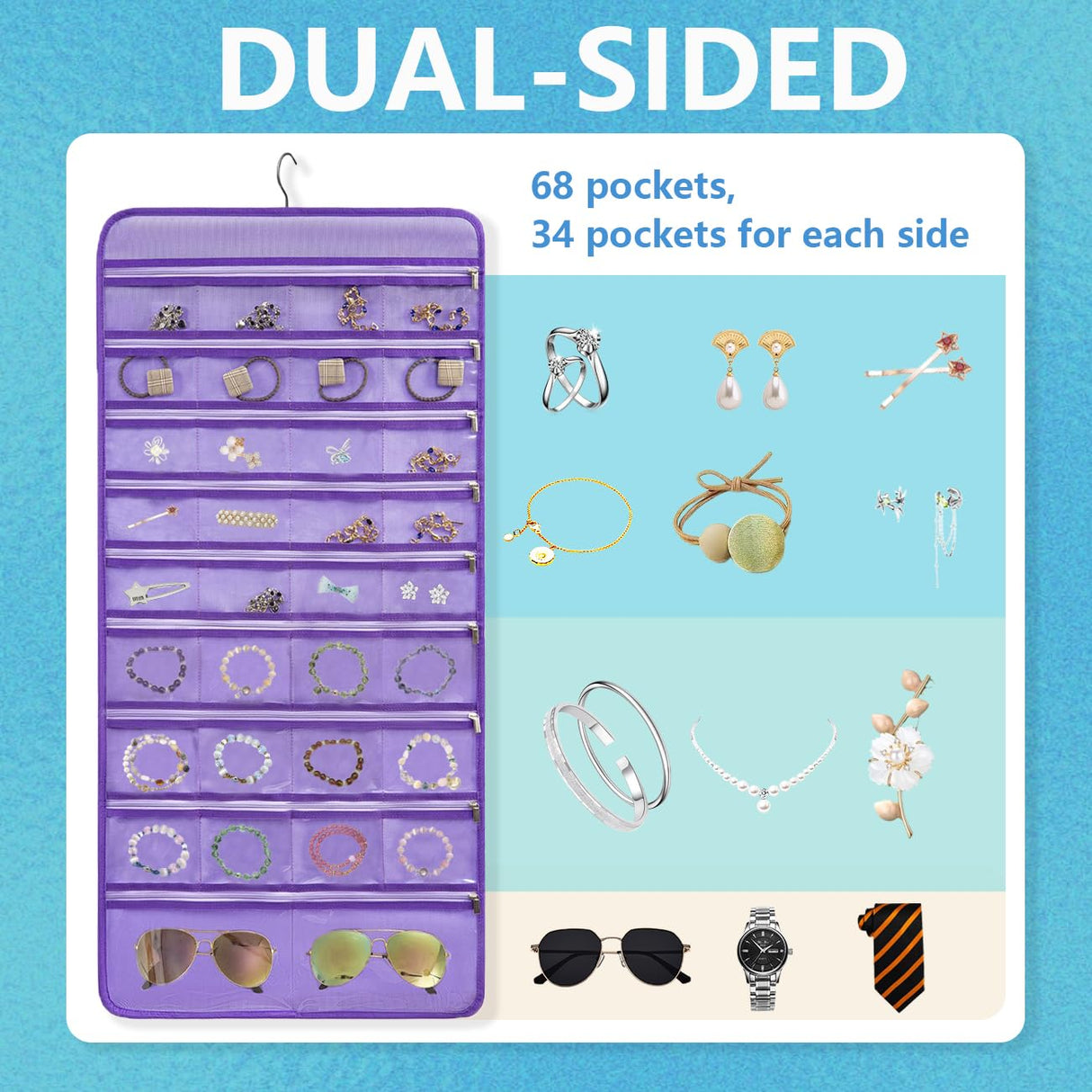 TEMUORG Travel Jewelry Organizer Dual Sided Hanging Earring Holder Bracelet Storage Rolls Rings Display Case with 68 Zippered Pockets (PURPLE) TEMUORG