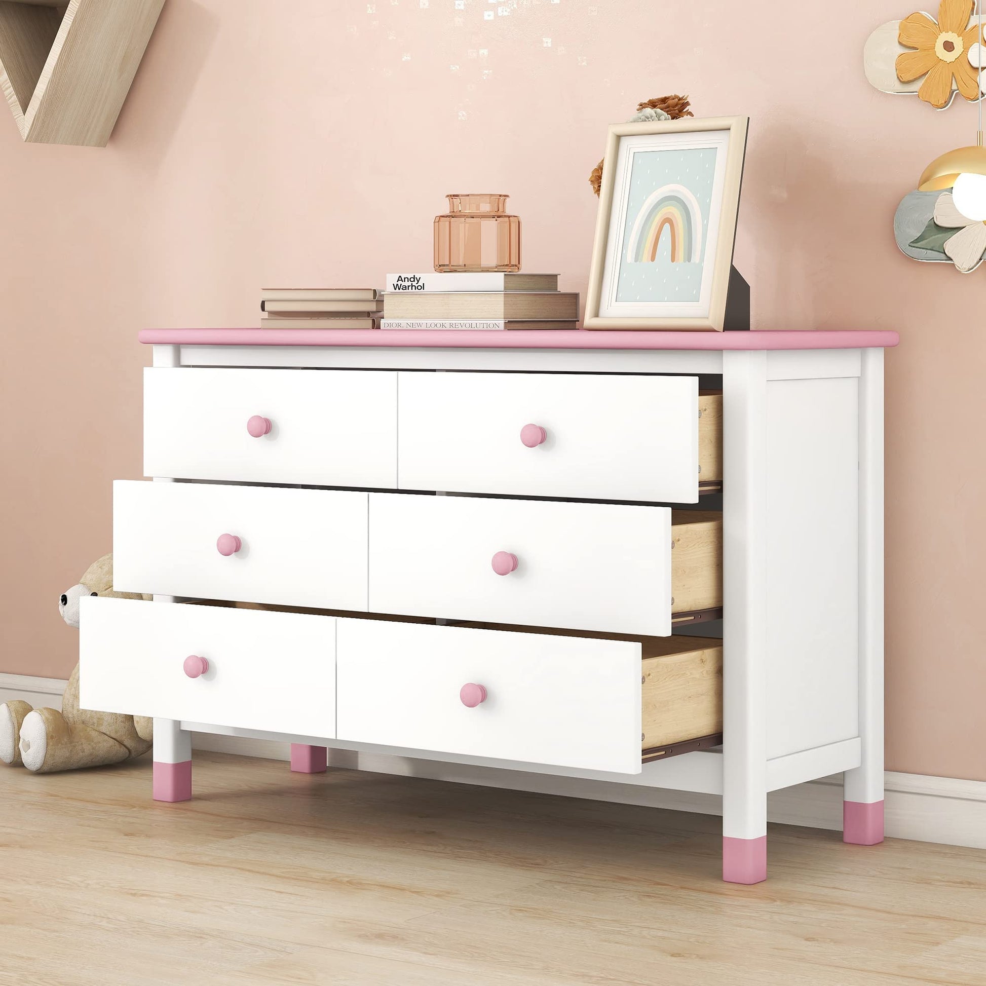 Harper & Bright Designs Wooden 6 Drawers Dresser, Modern Storage Cabinet with 6 Drawers, Cute Chest of Drawers with Round Handles for Girls Boys Kids' Room Bedroom,Hallway, Entryway,White+Pin - WoodArtSupply