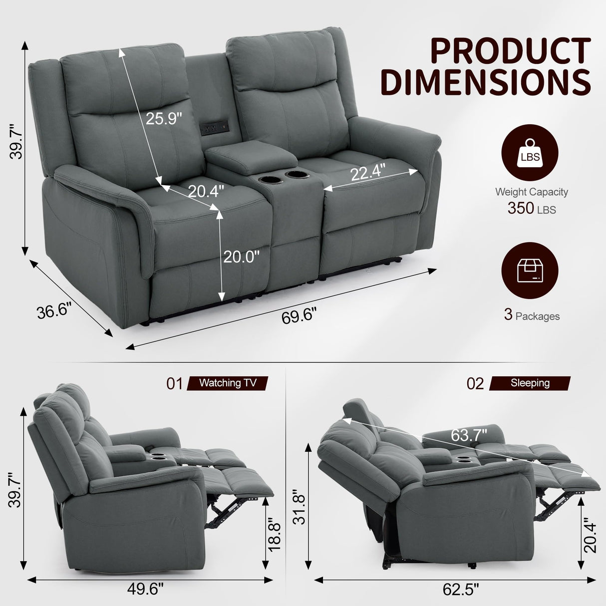 Korser Loveseat Recliner Sofa, Reclining Loveseat Couch with Manual Pull Tab, Reclining Couch with Console, USB Port, US Outlets, and Cup Holders, 2-Seater Performance Fabric Sofa for Living Room, RVs Korser