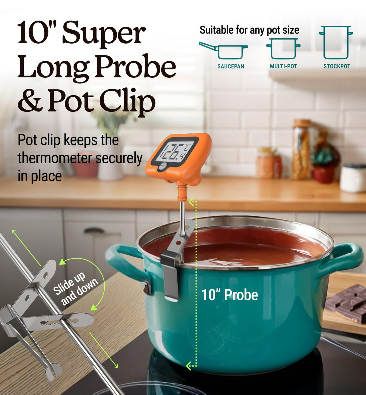 Digital Candy Thermometer with Pot Clip, Instant Read Kitchen Thermometer for Cooking, Baking, and Candy Making – 10" Stainless Steel Probe, LCD Display, Essential Baking Tool Craft911