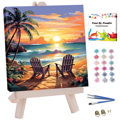 JUJUHOOD Sunset Beach Scene Framed Paint by Numbers Kit for Adults Beginner & Kids Ages 8-12, Seaside Paint by Number Without Easel, Simple Paint by Numbers for Gift Home Wall Decor (10x10Inch)