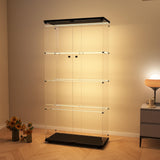 Modern 4-Tier Glass Display Shelf with 2 Doors, Curio Cabinet Collection - Floor Standing Display Case for Living Room, Bedroom, Home Office - 30" W x 14.5" D x 64" H (Black with LED Light Strip) Zacis