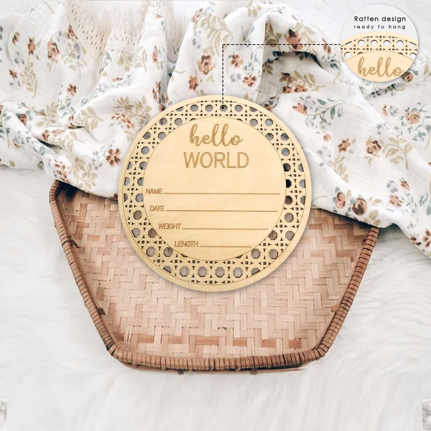 Rattan Hello World Newborn Sign, Wooden Baby Announcement Sign, Welcome Baby Sign, Baby Name Sign Birth Announcement Sign for Hospital Nursery Photo