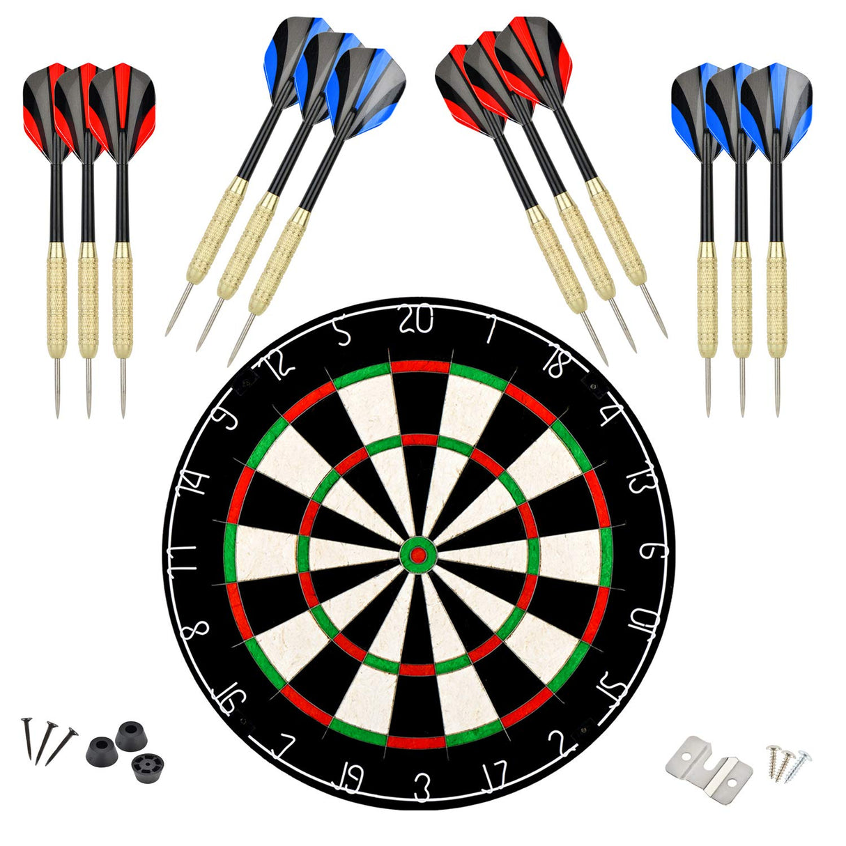 LinkVisions Sisal/Bristle Dartboard with Staple-Free Bullseye 17.8” x1.5 and 12 Steel Tip Darts 18g, Dartboard Mounting Kits Included LinkVisions