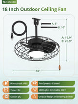 ZMISHIBO Outdoor Ceiling Fans with Light for Patios,Waterproof Gazebo Fan with Remote Control Smart App,3CCT Dimmable,Plug in Caged Ceiling Fan with Pull Chain for Porch Pergola,Black ZMISHIBO