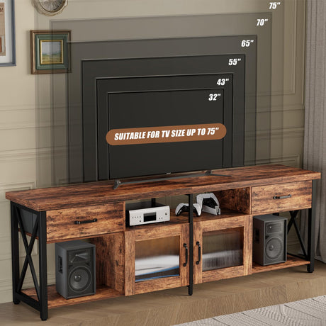 ALLSTAND 71 Inches Tall TV Stand for 75 80 Inch TV, Entertainment Center with Fabric Drawers & Cabinets, Industrial Gaming Console Table with Soundbar Shelf for Living Room, Bedroom, Rustic Brown ALLSTAND