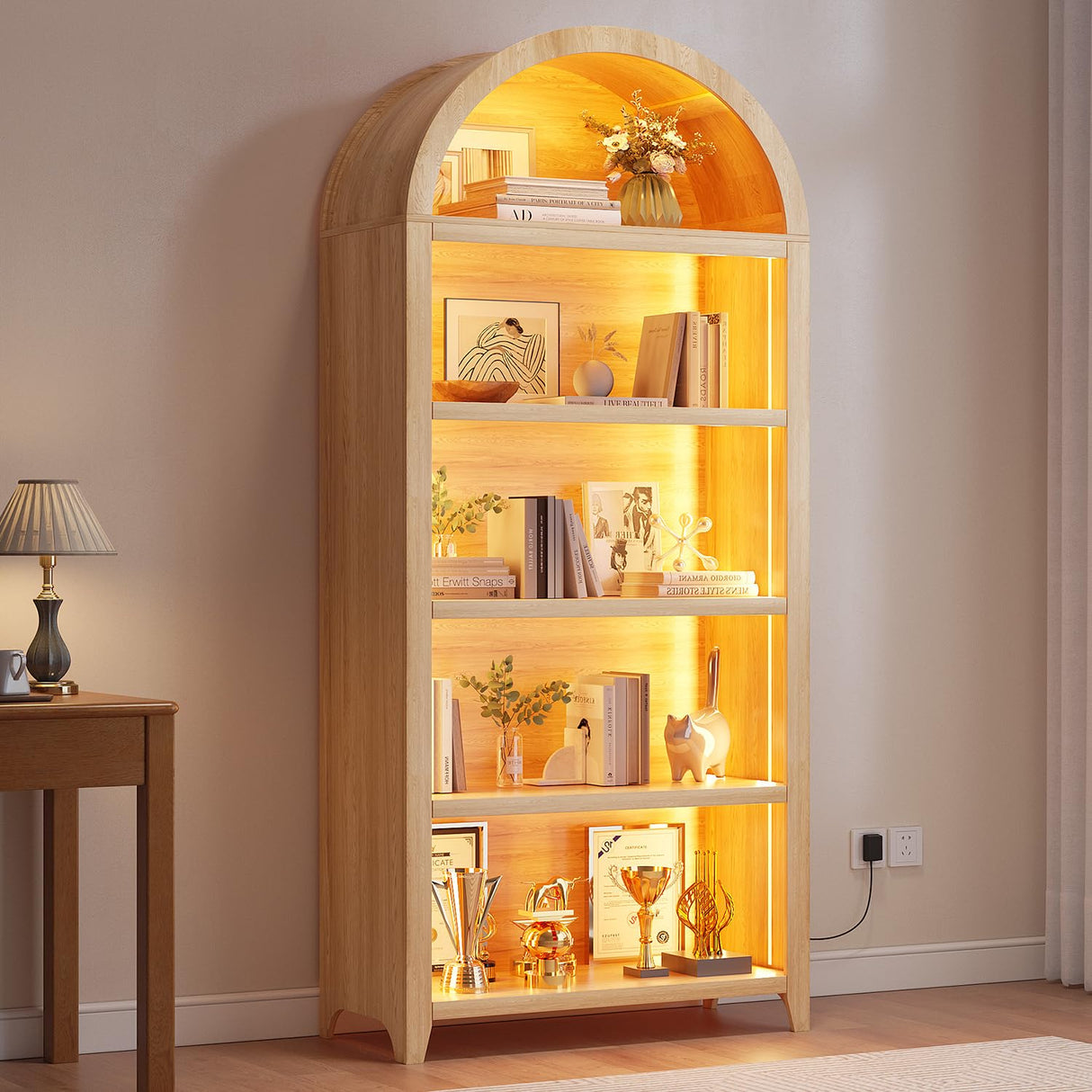 SKKTKT Arch Bookshelf - 5 Layers Bookcase with 3 Colors LED Sensor Lights and Thickened Wooden Design Display Shelf for Lego Books Bathroom Living Room - Ideal Gift (Wood) SKKTKT