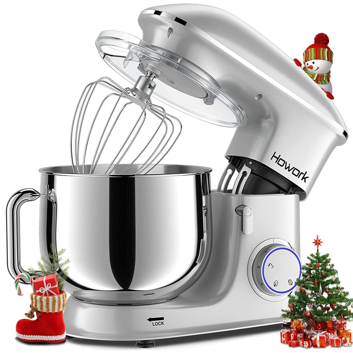 HOWORK 8.5QT Stand Mixer, 660W 6+P Speed Tilt-Head, Electric Kitchen Mixer With Dishwasher-Safe Dough Hook, Beater, Wire Whip & Pouring Shield(8.5 QT, Silver)