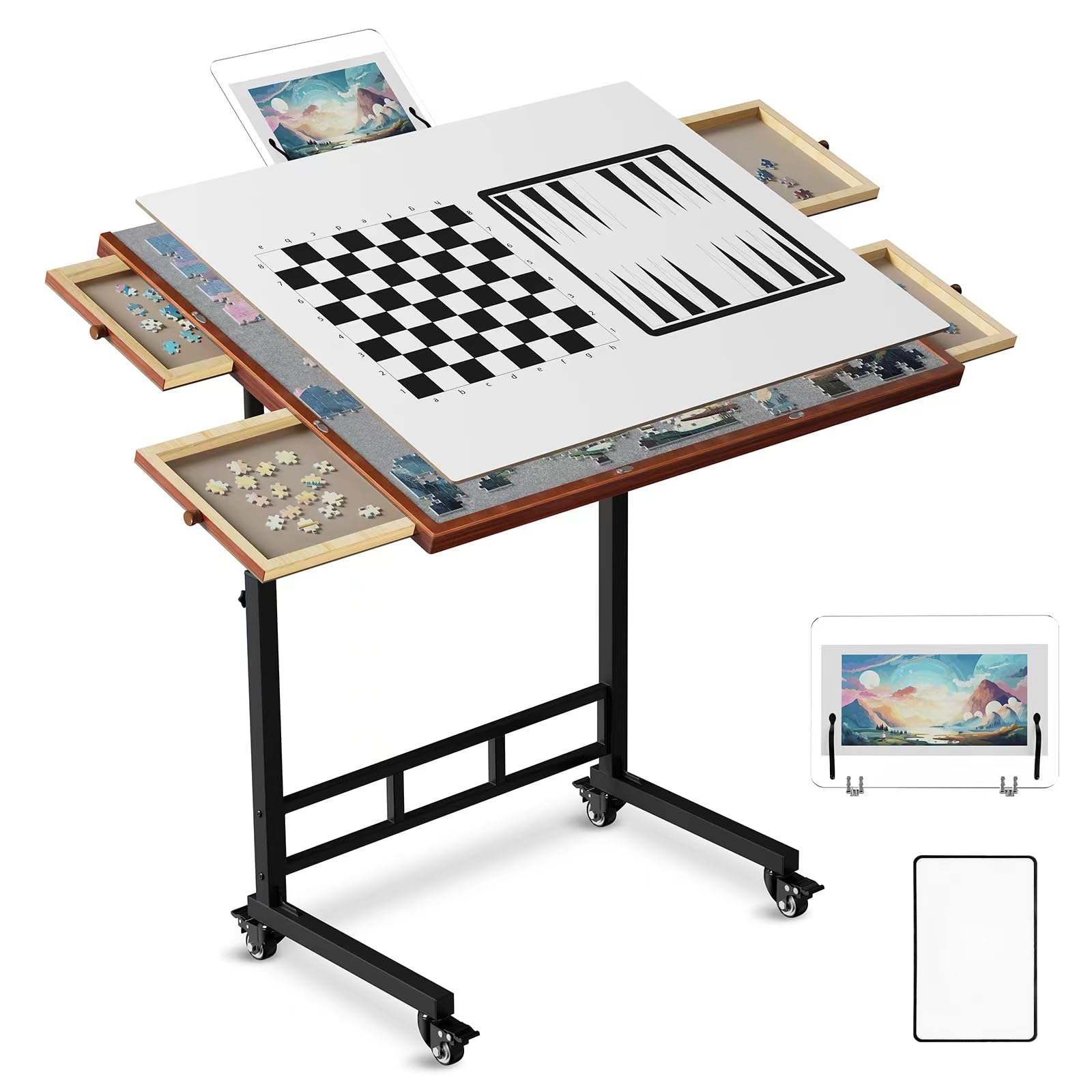 Puzzle Table with Drawers, 1500 Piece Jigsaw Puzzle Board with Wood Cover and Shelf, Tiltable and 14 Level Height Adjustable, Foldable Puzzle Table with Wheels for Adults Puzzle Enthusiasts - WoodArtSupply