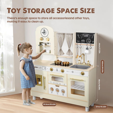 EDUBEBO Kids Kitchen playset, Wooden Play Kitchen, Height Adjustable, Comes with Various Kitchen Accessories, Ideal Role Play Toy Gift for Toddlers and Kids Ages 3-8 (White) EDUBEBO