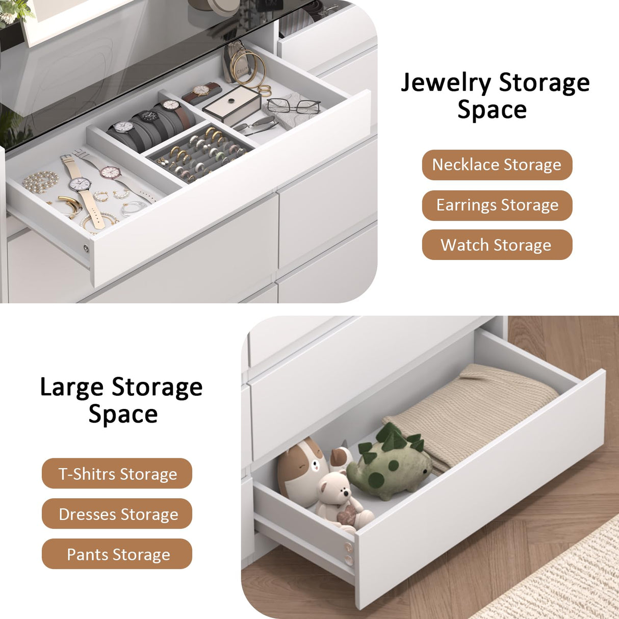 ZORPLIX White Dresser for Bedroom, 8 Drawer Dresser with Glass Top and LED Light, Modern Chest of Drawers, Jewelry Dressers Display, Dressers Organizer for Bedroom, Closet, Living Room ZORPLIX