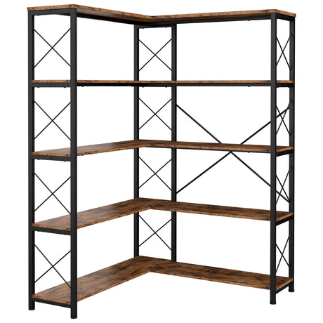 IRONCK 5-Shelf Corner Bookcase, Vintage Industrial Corner Bookshelf Etagere Bookcase, 5 Tiers Corner Shelf Storage Rack with Metal Frame for Living Room Home Office IRONCK