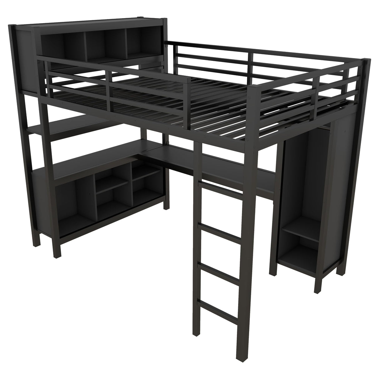 Full Size Loft Bed with Wardrobe and Storage Cubes, Heavy Duty Loft Bed with Desk, Storage Shelf and Guardrail, Black Bellemave