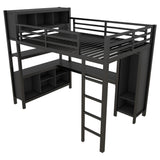 Full Size Loft Bed with Wardrobe and Storage Cubes, Heavy Duty Loft Bed with Desk, Storage Shelf and Guardrail, Black Bellemave