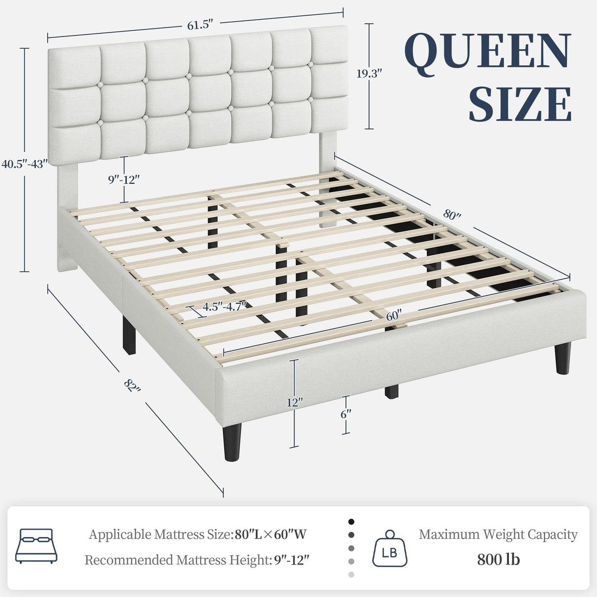 Yaheetech Upholstered Bed Frame, Modern Queen Bed Platform with Square Stitched&Button Tufting Headboard Height Adjustable, Wooden Slats Support, No Box Spring Needed, Queen Size, Beige Yaheetech