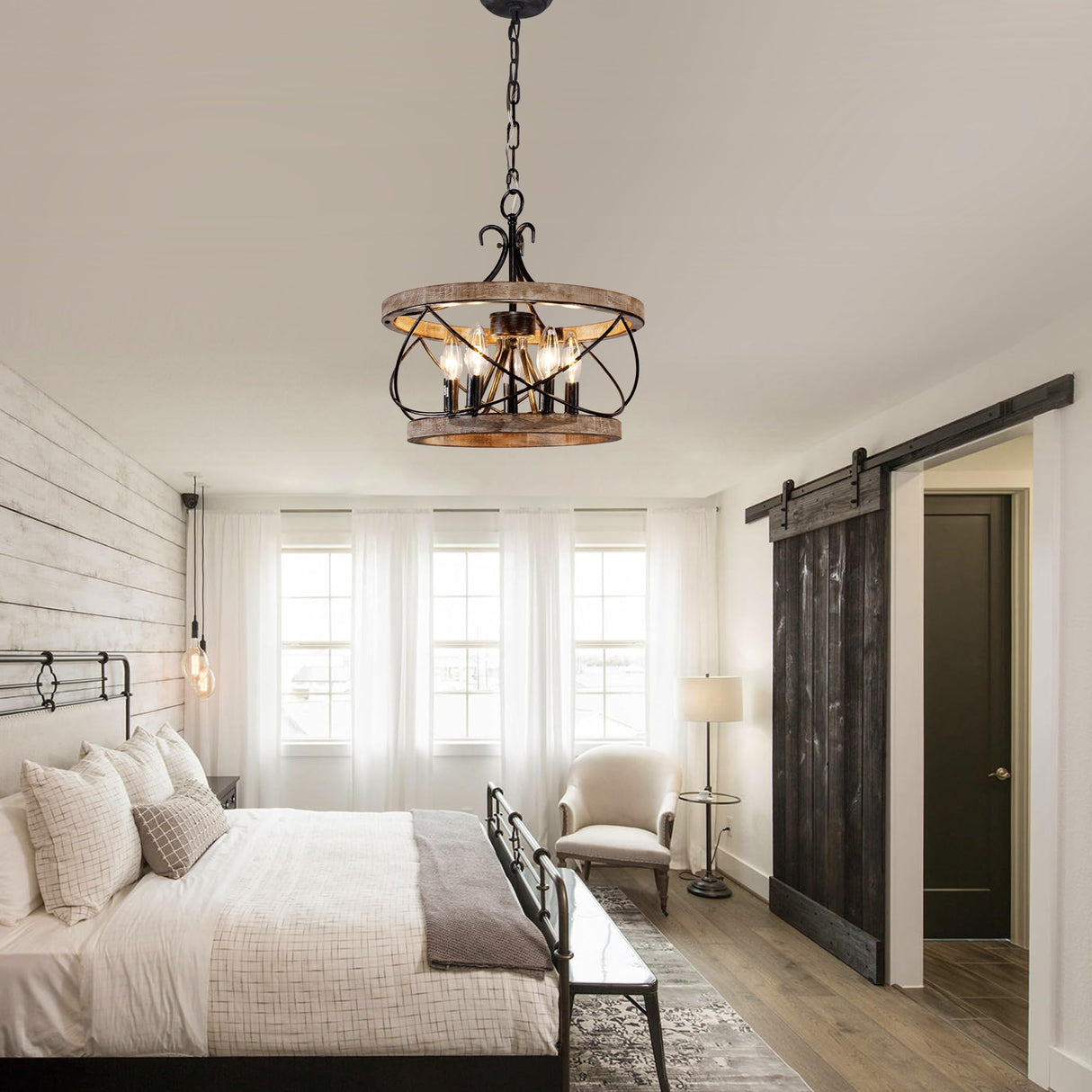 Dawn Whisper Farmhouse Chandelier, 15.7" Rustic Drum Chandelier Light Fixture Over Table, 5-Light Candle Wood Chandelier for Dining Room, Kitchen Dawn Whisper