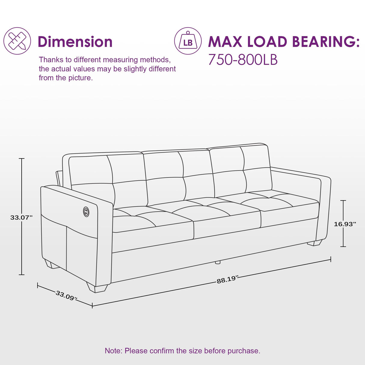 TYBOATLE 88" W Modern 3 Seater Sofa Couch, Fabric Linen Deep Seat Mid Century Couches w/ 2 USB Charging Ports and Upholstered Cushions, Comfy Sofas for Living Room, Bedroom, Apartment (Dark Gray) TYBOATLE