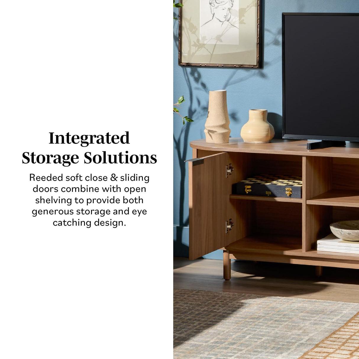 Walker Edison Chloe Curved Reeded TV Stand, Sliding Doors, 75 Inch, 70 inch, Mocha Walker Edison