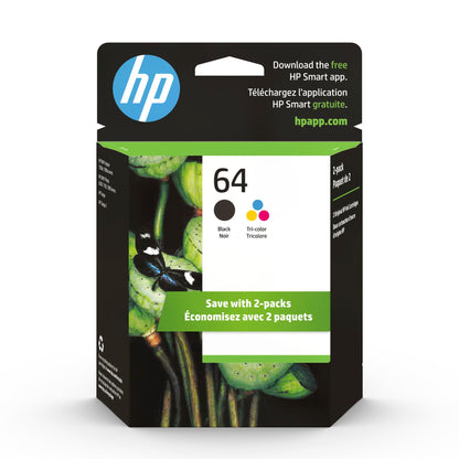 HP 64 Black/Tri-color Ink Cartridges (2-pack) | Works with HP ENVY Inspire 7950e; ENVY Photo 6200, 7100, 7800; Tango Series | Eligible for Instant Ink | X4D92AN