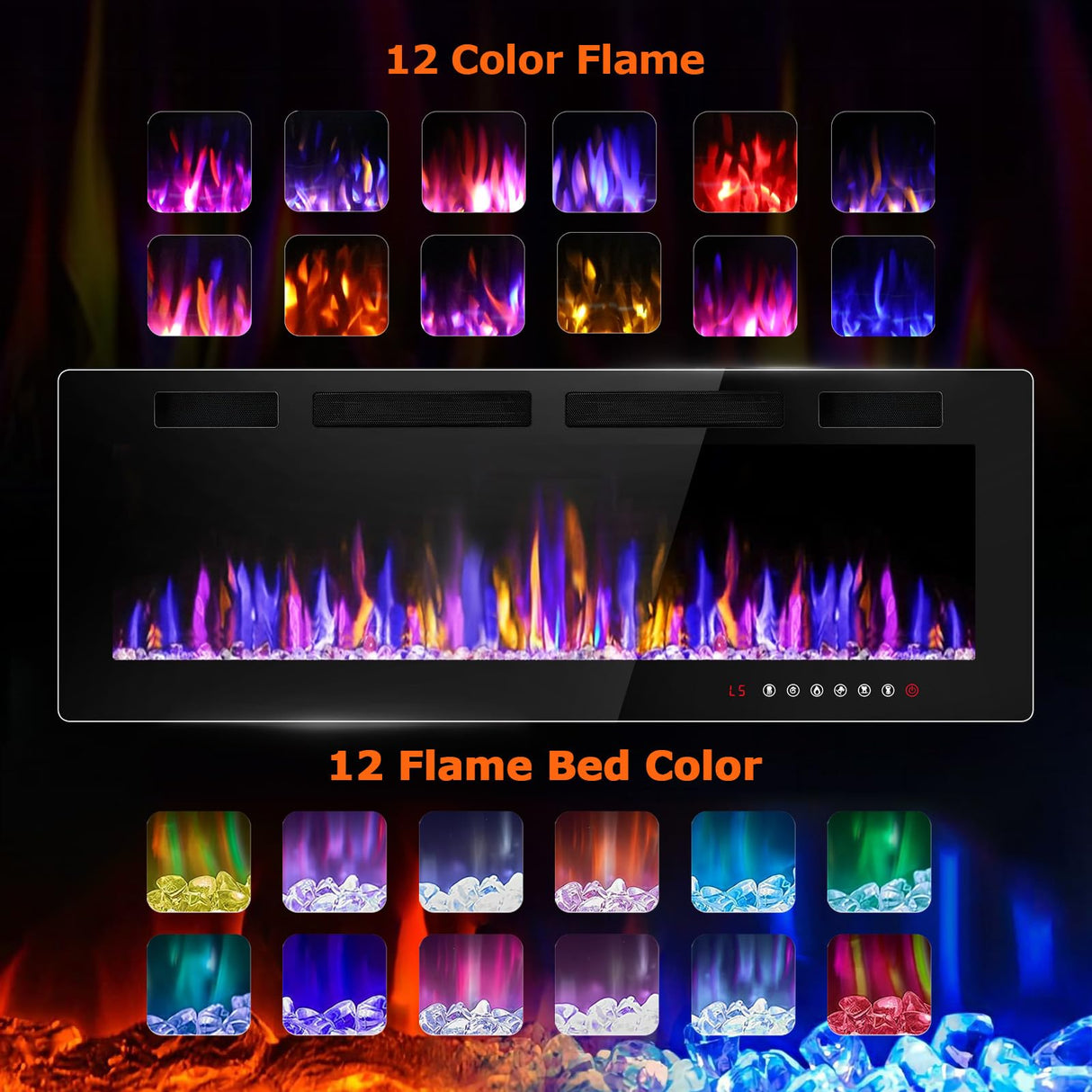 VENDORZ Electric Fireplace 50 Inch Recessed and Wall Mounted, Ultra-Thin Inserts Electric Fireplace Heater with Remote Control, Timer, Adjustable Flame Colors Speed Brightness, Log & Crystal Options VENDORZ