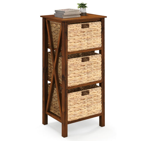Giantex 3-Tier Nightstand with 3 Wicker Baskets, Wooden X-Design Side Table End Table, Beside Table with Acacia Wood Legs, Mid Century Accent Storage Cabinet for Small Spaces, Bedroom, Walnut Giantex