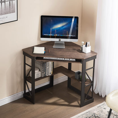 VECELO Corner Computer Desk Writing Smooth Keyboard Tray & Storage Shelves,Compact Home Office Triangle Table, Rustic Natural Brown - WoodArtSupply