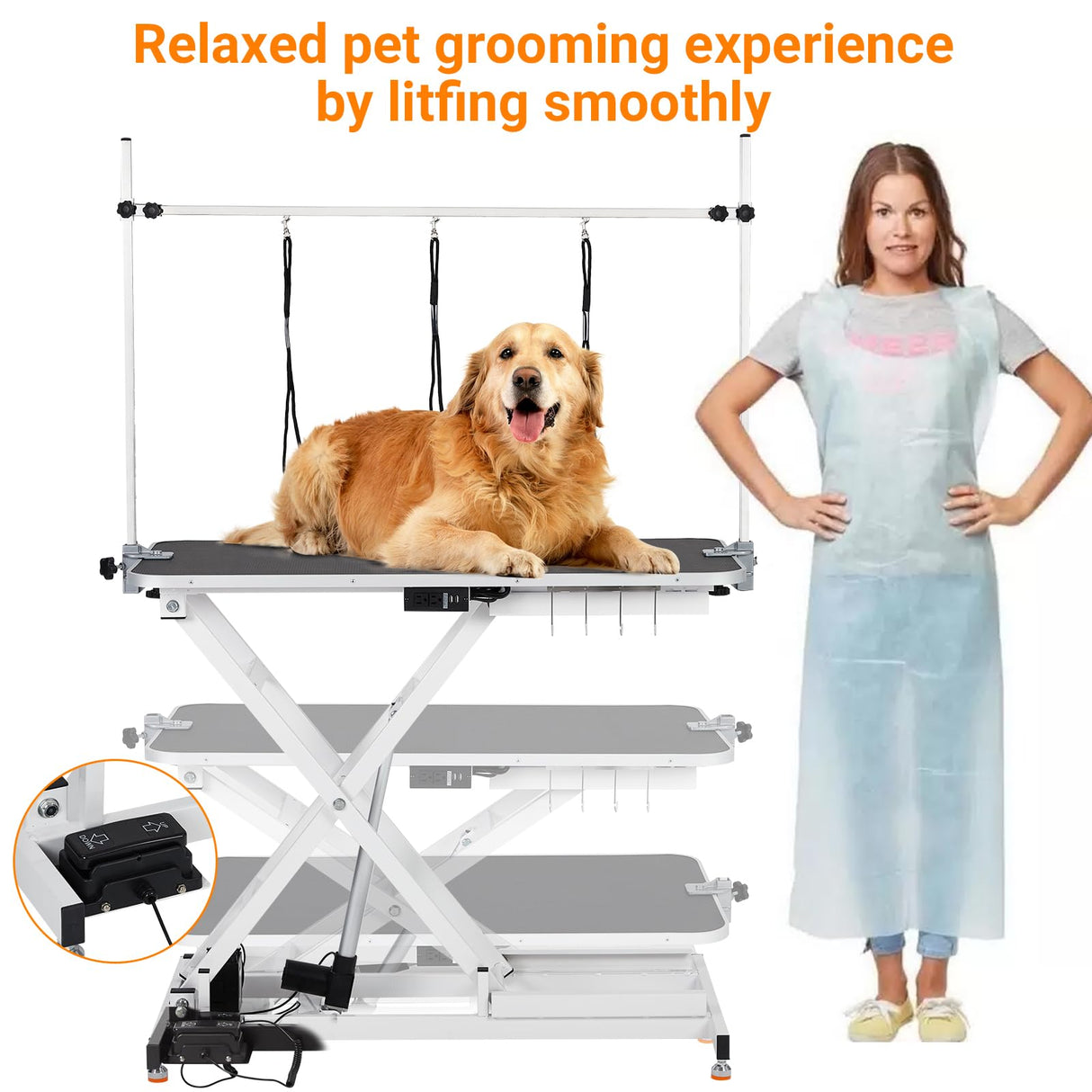 Electric Dog Grooming Table, 9"- 40" Height Adjustable Heavy Duty Electric Pet Grooming Tables with Anti Slip Tabletop, 3 Grooming Noose, for Dogs&Cats, White ChicCoutured