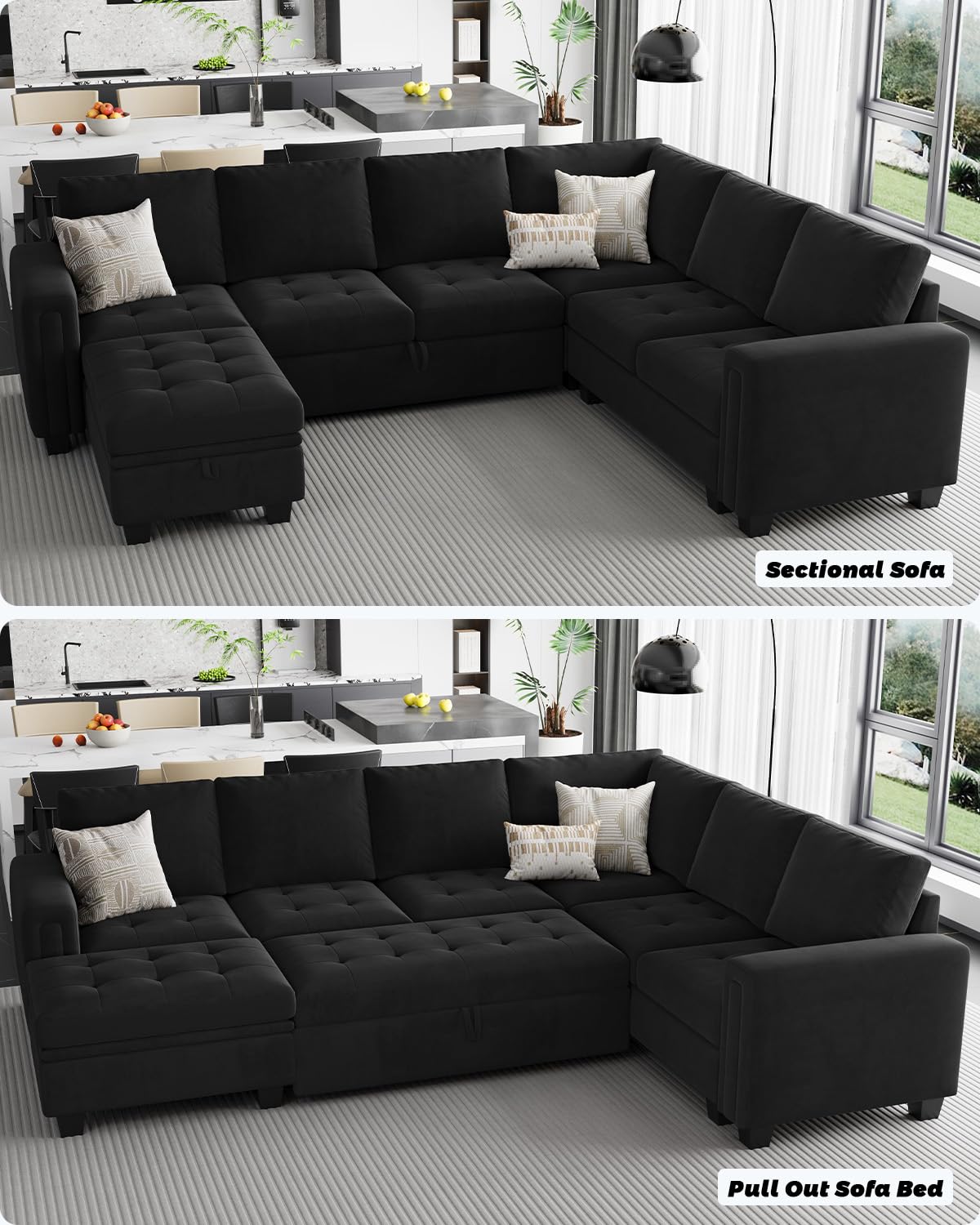 Belffin Modular Sectional Sleeper Sofa with Pull Out Bed U Shaped Sectional Sofa Couch with Storage Ottoman Velvet Covertible 7-Seater Sofa for Living Room Black Belffin