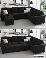 Belffin Modular Sectional Sleeper Sofa with Pull Out Bed U Shaped Sectional Sofa Couch with Storage Ottoman Velvet Covertible 7-Seater Sofa for Living Room Black Belffin