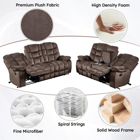 HAOMARKETS 3 Seat Manual Reclining Sofa, Soft Fabric Recliner Couch with Padded Headrest and Armrests, 85" Wide Overstuffed 3-Seater Recliner Couches for Living Room, Brown HAOMARKETS