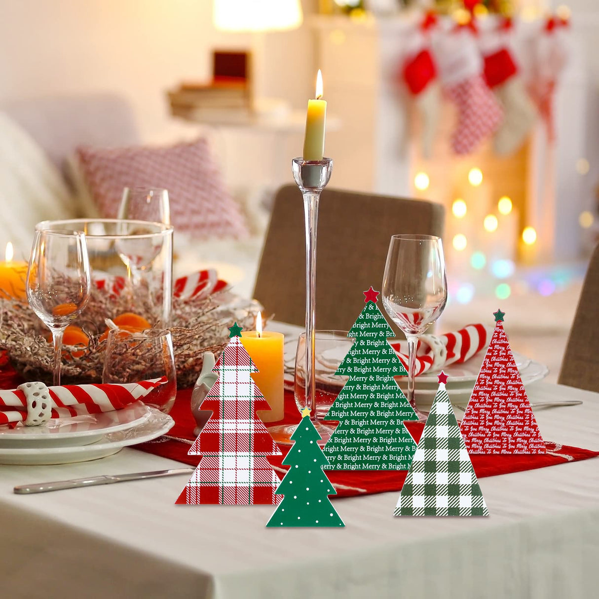 Whaline 5Pcs Wooden Christmas Tree Tabletop Decoration 3 Sizes Red Green Plaid Xmas Tree Table Centerpieces Rustic Sanding Christmas Tree Wood Sign for Home Office Fireplace Farmhouse Whaline