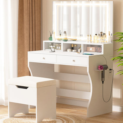 VECELO Vanity Desk with LED Lighted Mirror and Power Outlet, Makeup Table with 4 Drawers and Storage Stool, Adjustable 3 Lighting Modes for Bedroom, Dressing Room, White