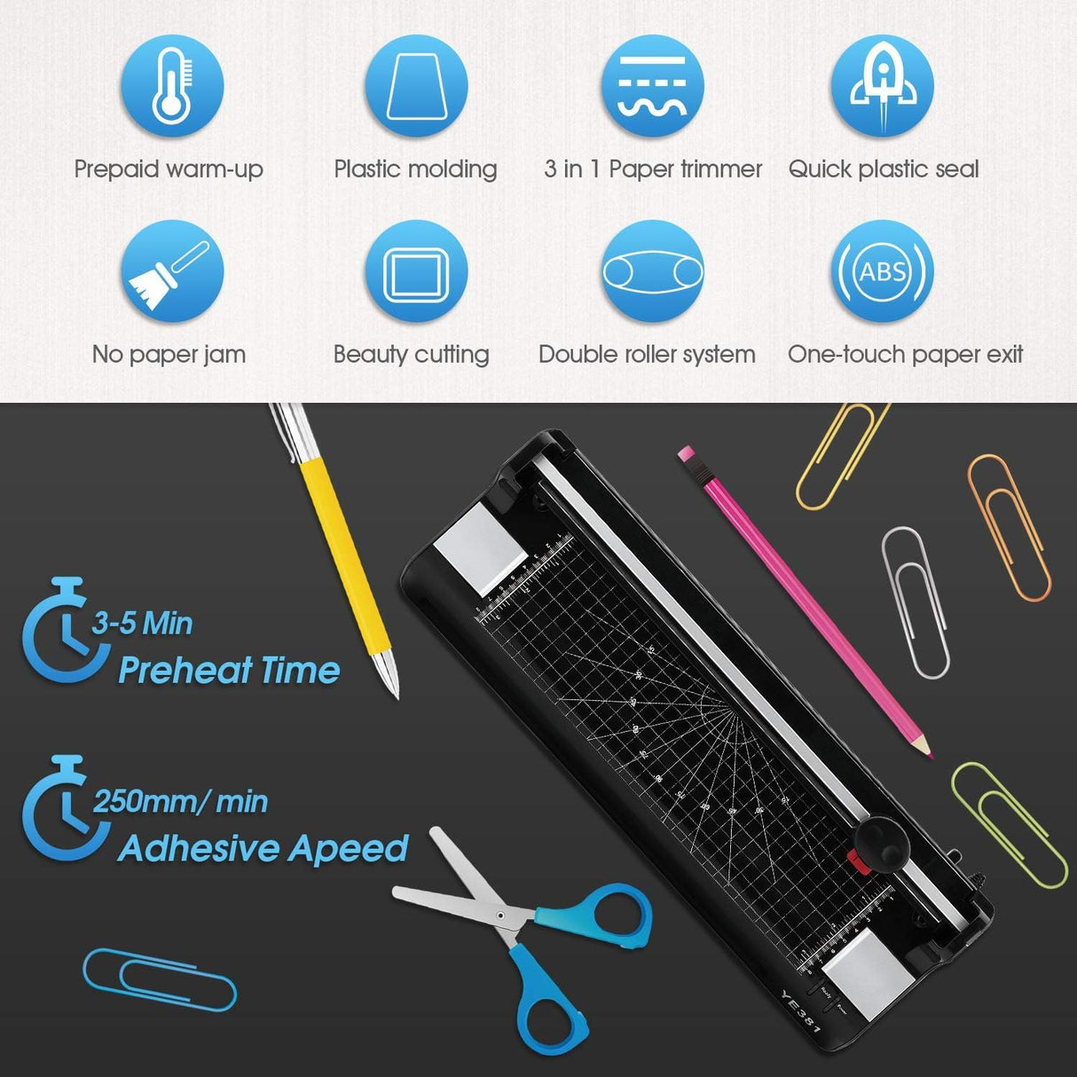 Laminator Machine for A3/A4/A6, YE381 13inch Thermal & Cold Laminating Machine for Home Office School Teacher Use with 50 Pouches, Paper Trimmer and Corner Rounder Eficentline