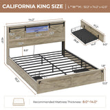 Hasuit Farmhouse Bed Frame California King Size with Storage Bookcase Headboard, Wooden Cal King Bed with LED Lights, Charging Station, 2 Drawers, Country Rustic Bed Frame with Sliding Barn Door Hasuit