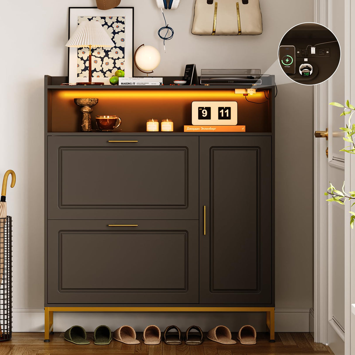 Shoe Storage with 2 Flip Drawers & Side Cabinet Freestanding Organizer with LED Light and Charging Station Narrow Shoe Rack with Metal Legs & Adjustable Shelf for Entryway,Hallway,Living Room,Black Maupvit