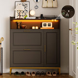 Shoe Storage with 2 Flip Drawers & Side Cabinet Freestanding Organizer with LED Light and Charging Station Narrow Shoe Rack with Metal Legs & Adjustable Shelf for Entryway,Hallway,Living Room,Black Maupvit