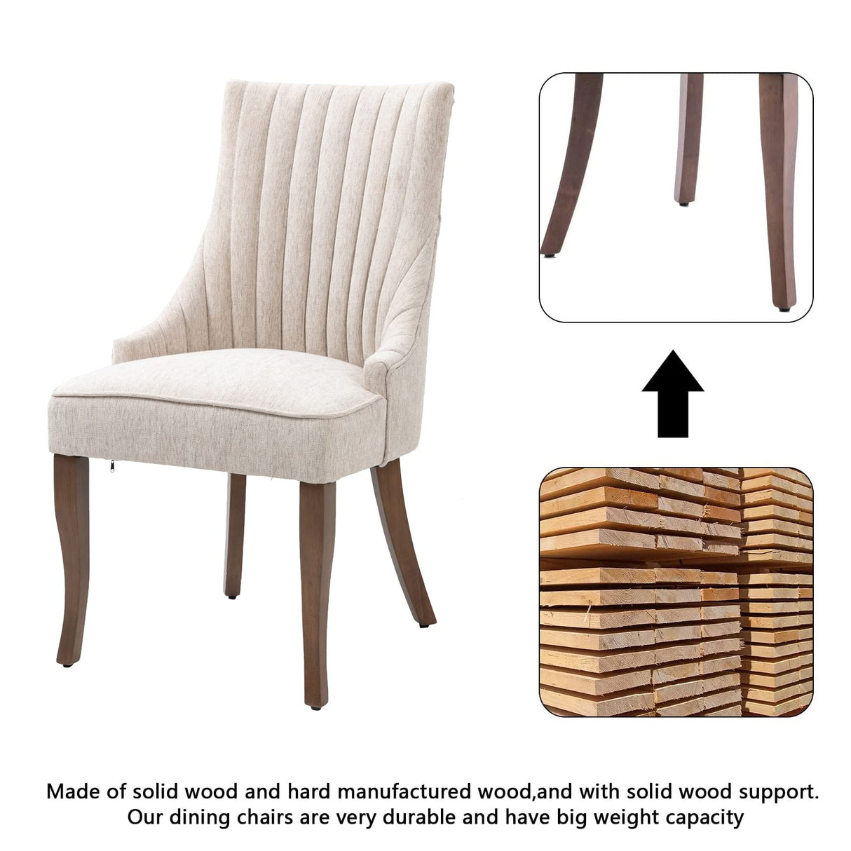 mikibama Linen Dining Chairs Set of 6 Channel Tufted Kitchen Dinner Chair Comfy Fabric Upholstered Accent Chair for Dining Room with Solid Wood Legs (beige 6pc) mikibama